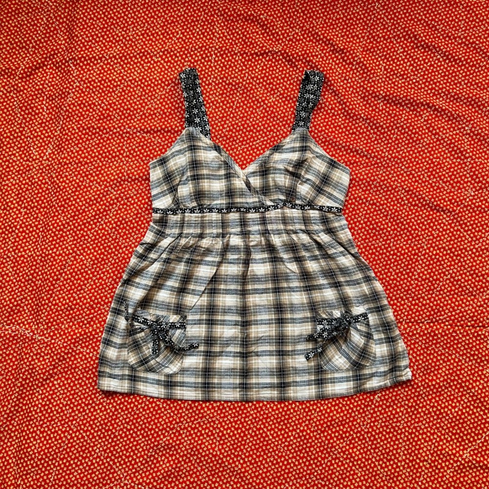 Decree Womens Plaid Babydoll Cami Top Brown Tan plaid cotton Smocked Back Size M